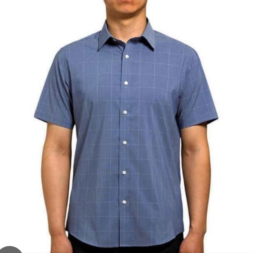 NWT LUCKY BRAND Men Short Sleeve Tailored Fit Plaid Steel Blue Shirt Size S